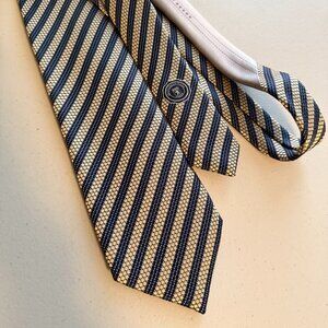 NEW Ermenegildo Zegna Silk Tie Navy Gold Striped Designer Italy Mens Necktie